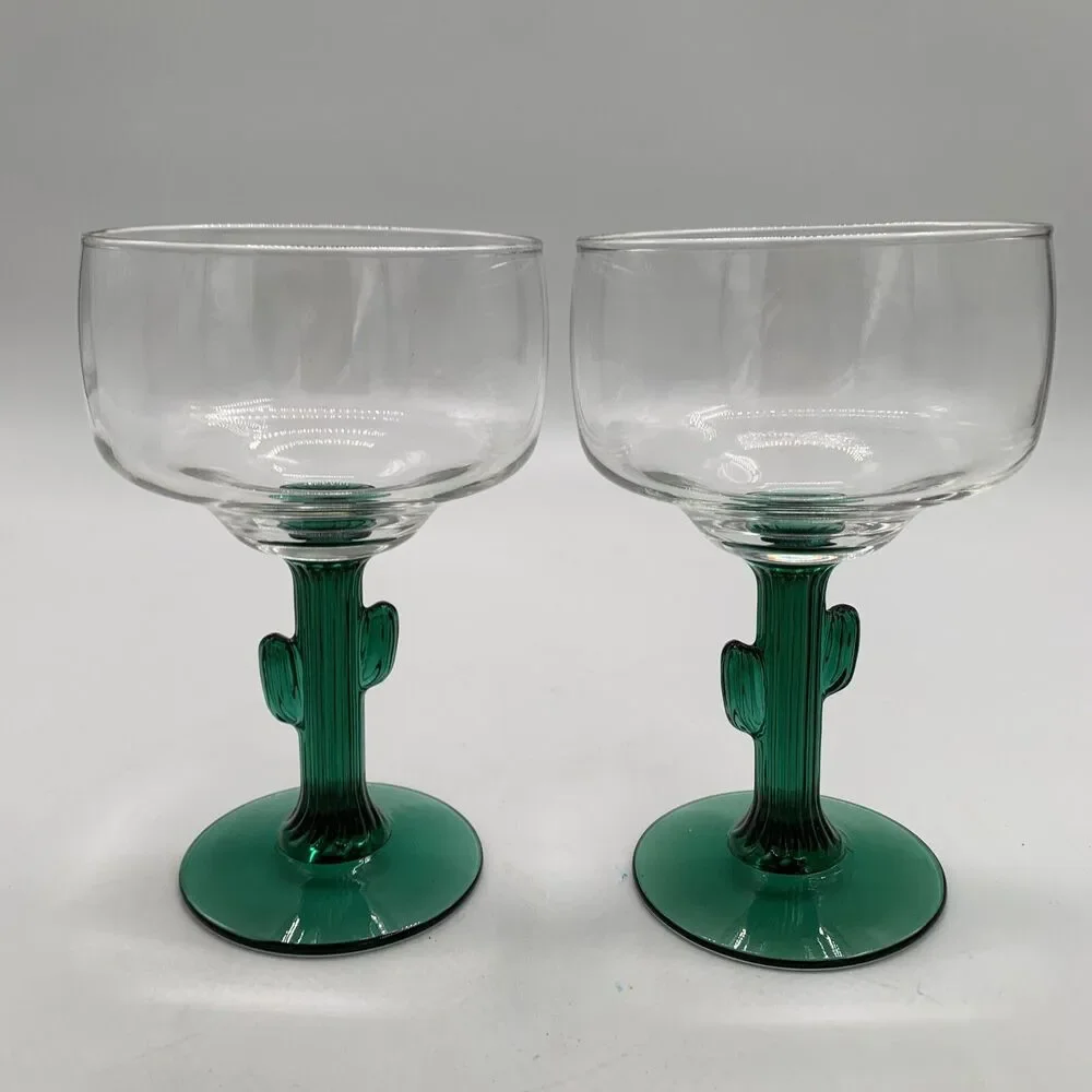 Lot Of 2 Libbey Green Cactus Stem 12 Oz Margarita Glasses 6” x 3.75”